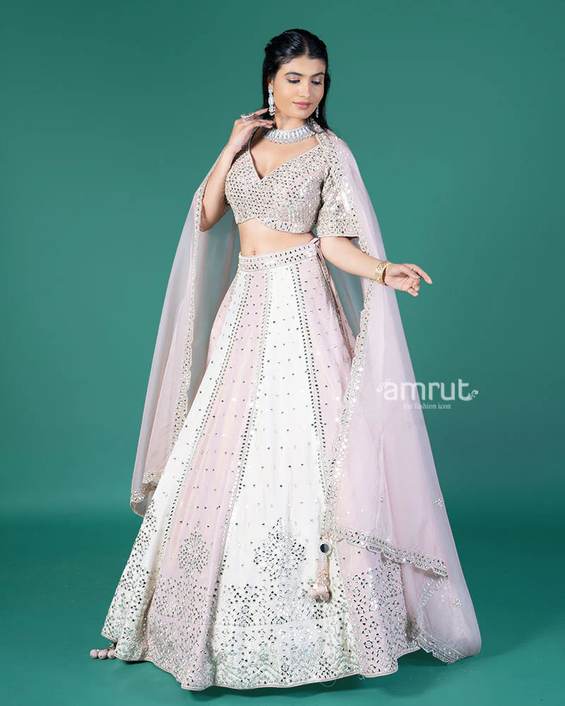 Pink and Cream Mirror Embellished Lehenga Choli with Dupatta - Image 4