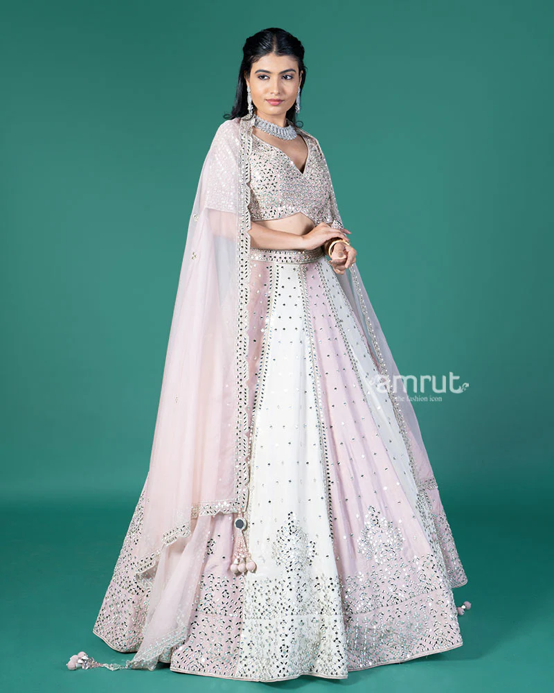 Pink and Cream Mirror Embellished Lehenga Choli with Dupatta - Image 5