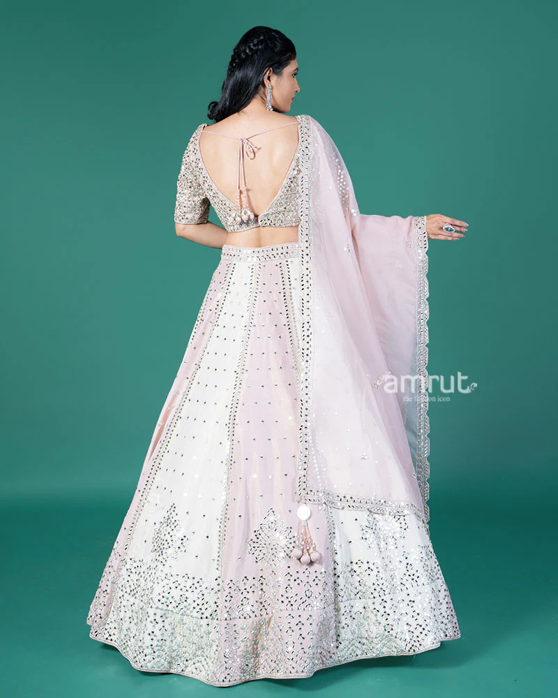 Pink and Cream Mirror Embellished Lehenga Choli with Dupatta - Image 6