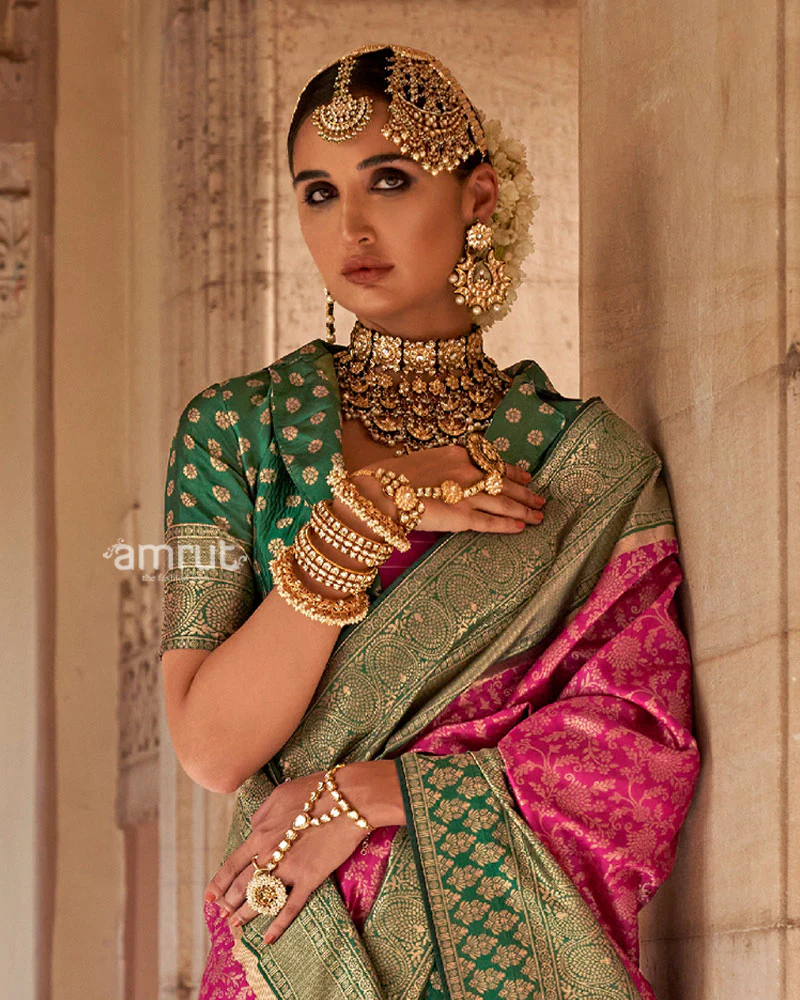 Pink and Green Gold-Toned Ethnic Motifs Design Zari Silk Saree with Unstitched Blouse - Image 2