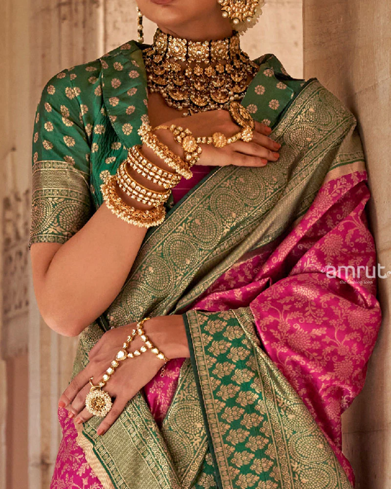 Pink and Green Gold-Toned Ethnic Motifs Design Zari Silk Saree with Unstitched Blouse - Image 3