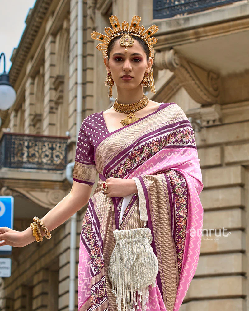 Pink and Magenta Patola Printed Saree with Zari Border & Unstitched Blouse - Image 2