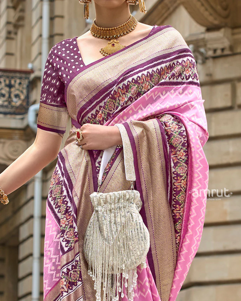 Pink and Magenta Patola Printed Saree with Zari Border & Unstitched Blouse - Image 3