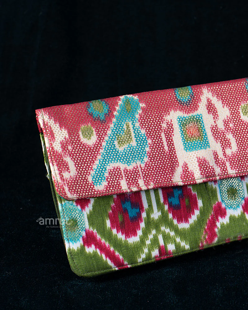 Pink and Olive Green Ikat Wallet with Geometric Prints - Image 2