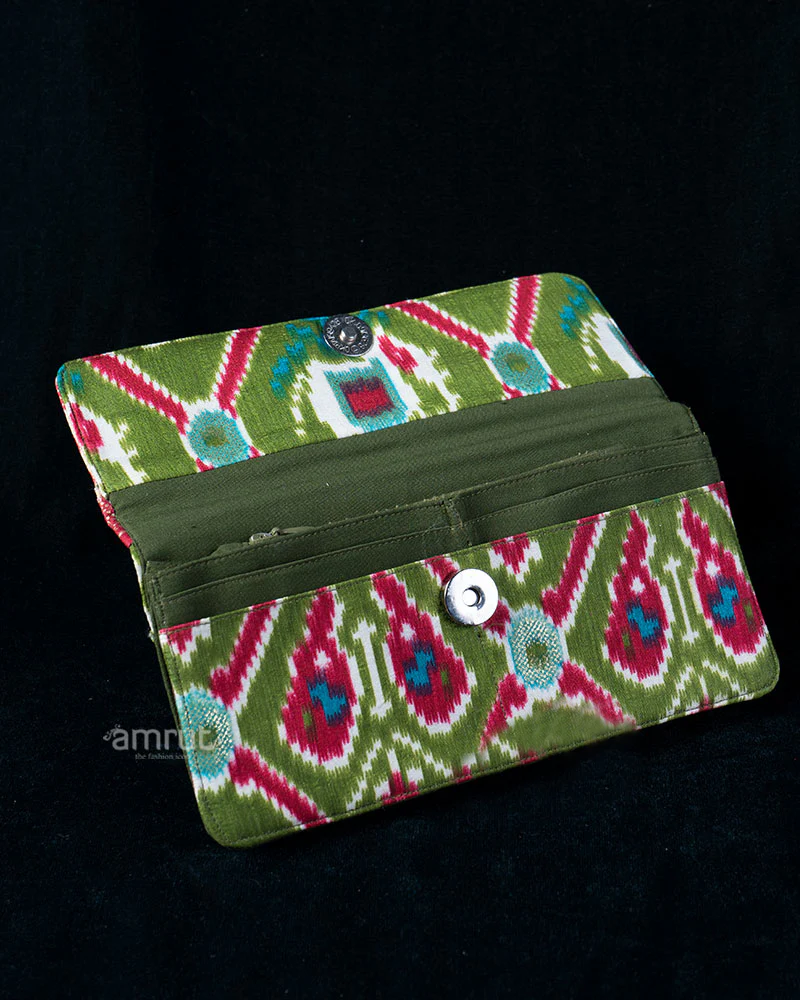 Pink and Olive Green Ikat Wallet with Geometric Prints - Image 3