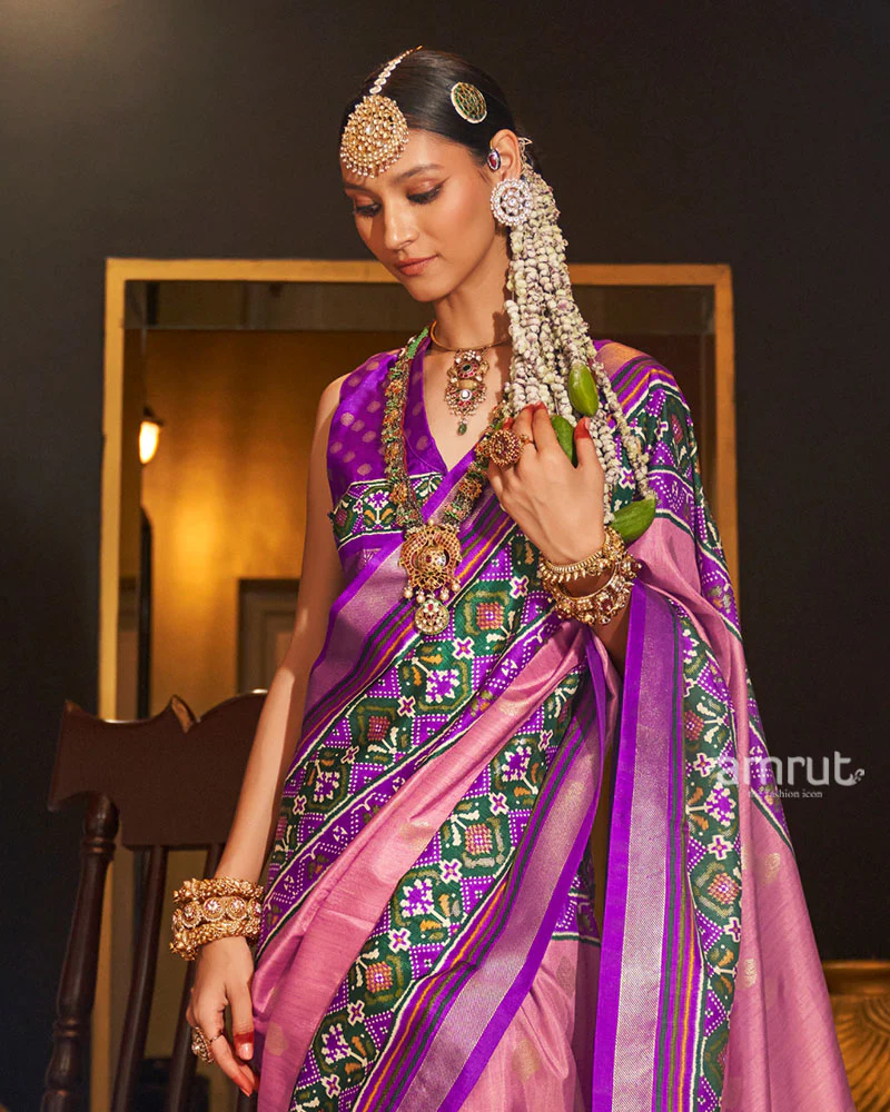 Pink and Purple Printed Border Traditional Saree with Unstitched Blouse - Image 2
