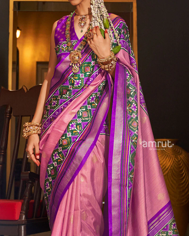 Pink and Purple Printed Border Traditional Saree with Unstitched Blouse - Image 3