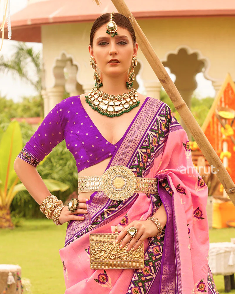Pink and Purple Printed Patola Silk Saree with Zari Border and Unstitched Blouse - Image 2