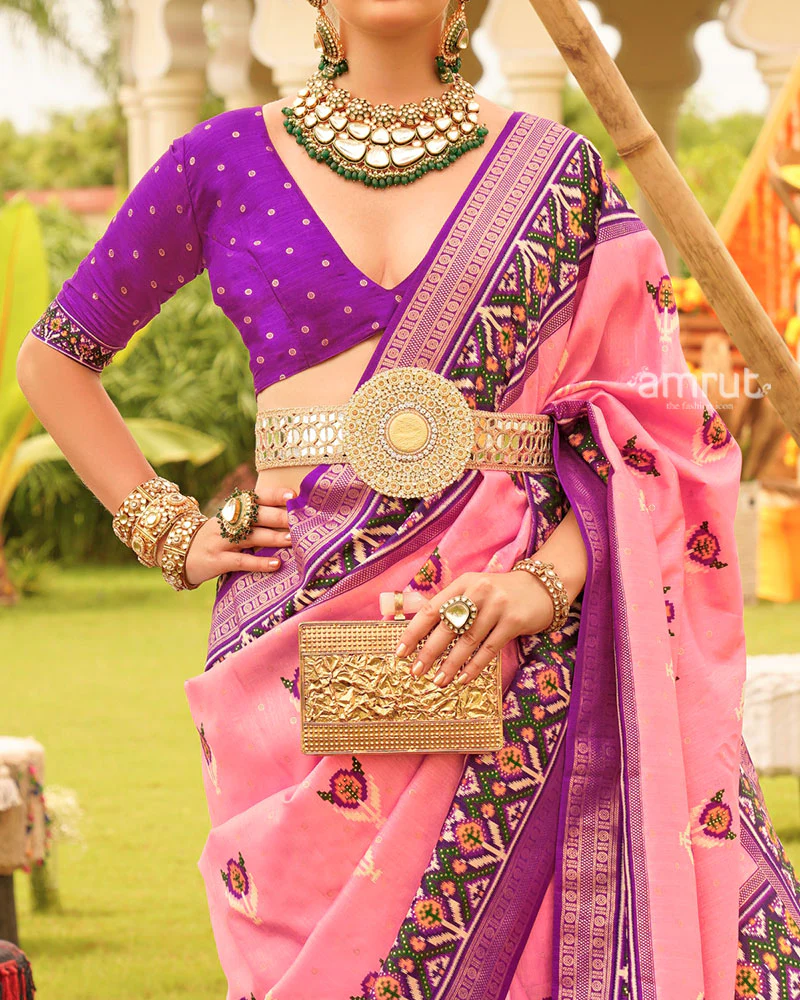 Pink and Purple Printed Patola Silk Saree with Zari Border and Unstitched Blouse - Image 3