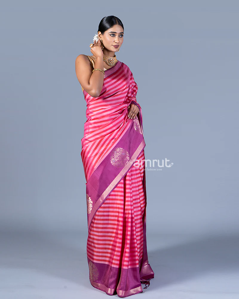 Pink and Purple Striped Saree with Unstitched Blouse - Image 4
