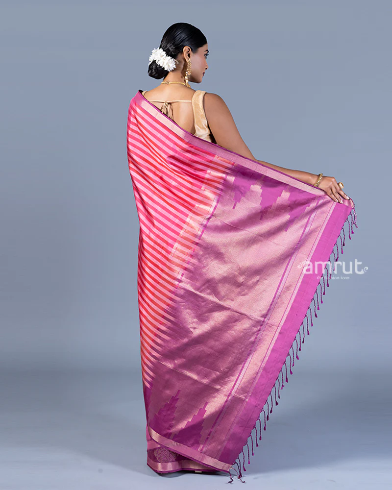 Pink and Purple Striped Saree with Unstitched Blouse - Image 5
