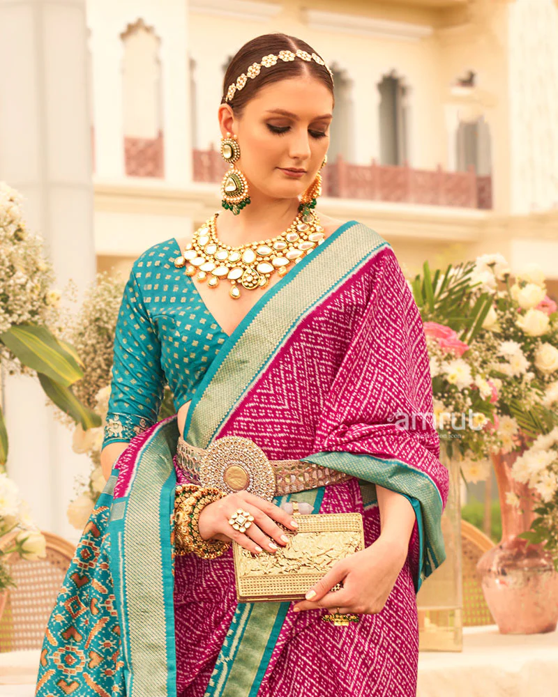 Pink and Teal Blue Zari Border Patola Silk Saree with Unstitched Blouse - Image 2