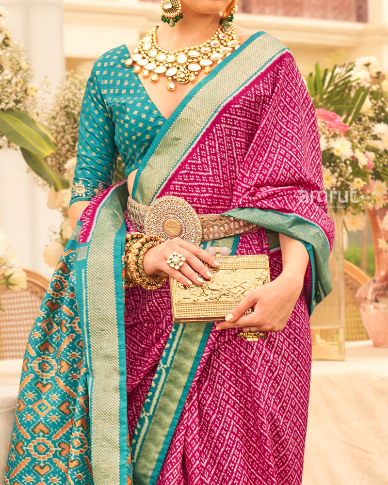 Pink and Teal Blue Zari Border Patola Silk Saree with Unstitched Blouse - Image 3