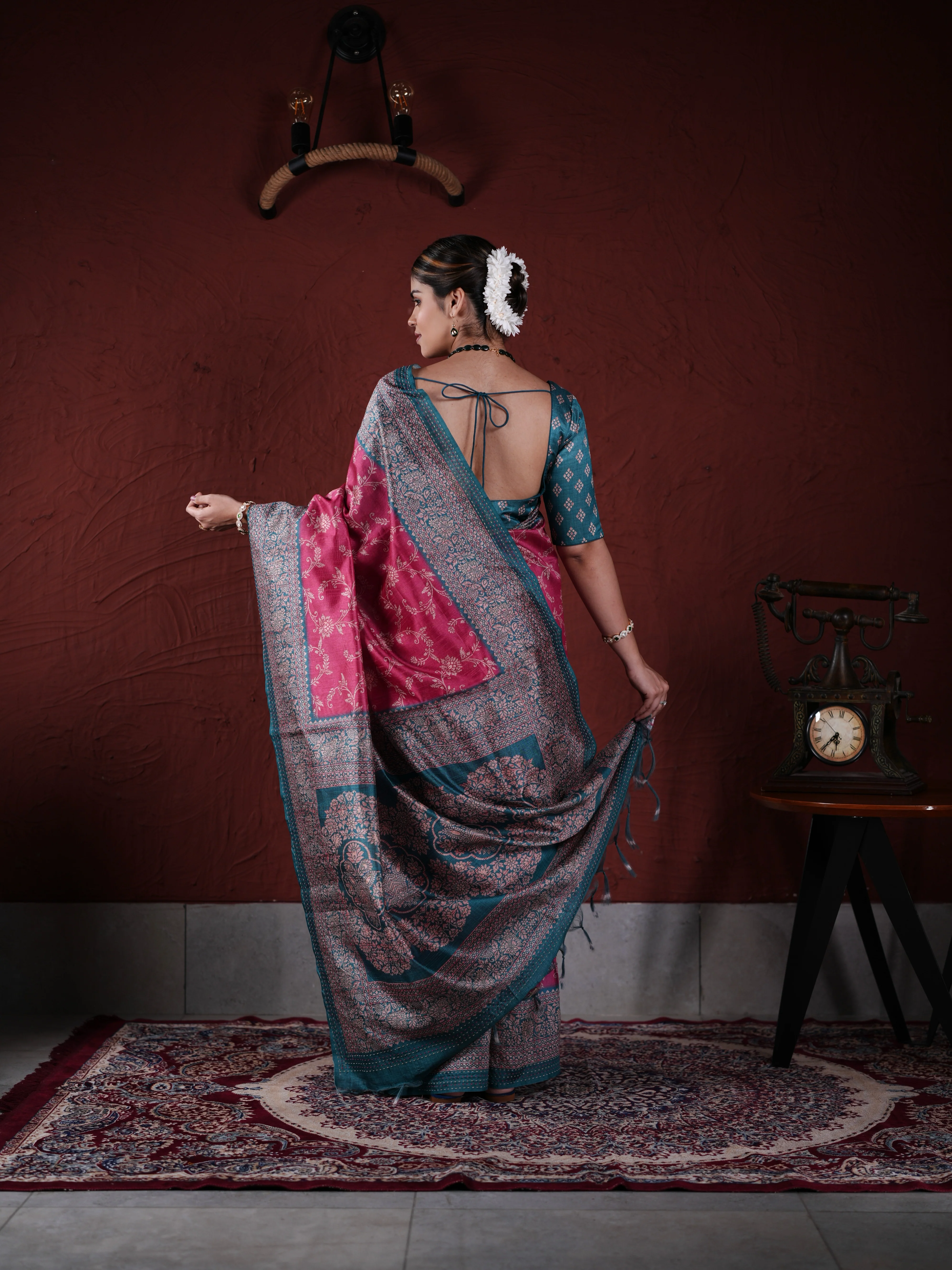 Pink and Teal Khadi and PV Cotton Saree with Traditional Woven Design and Unstitched Blouse - Image 3