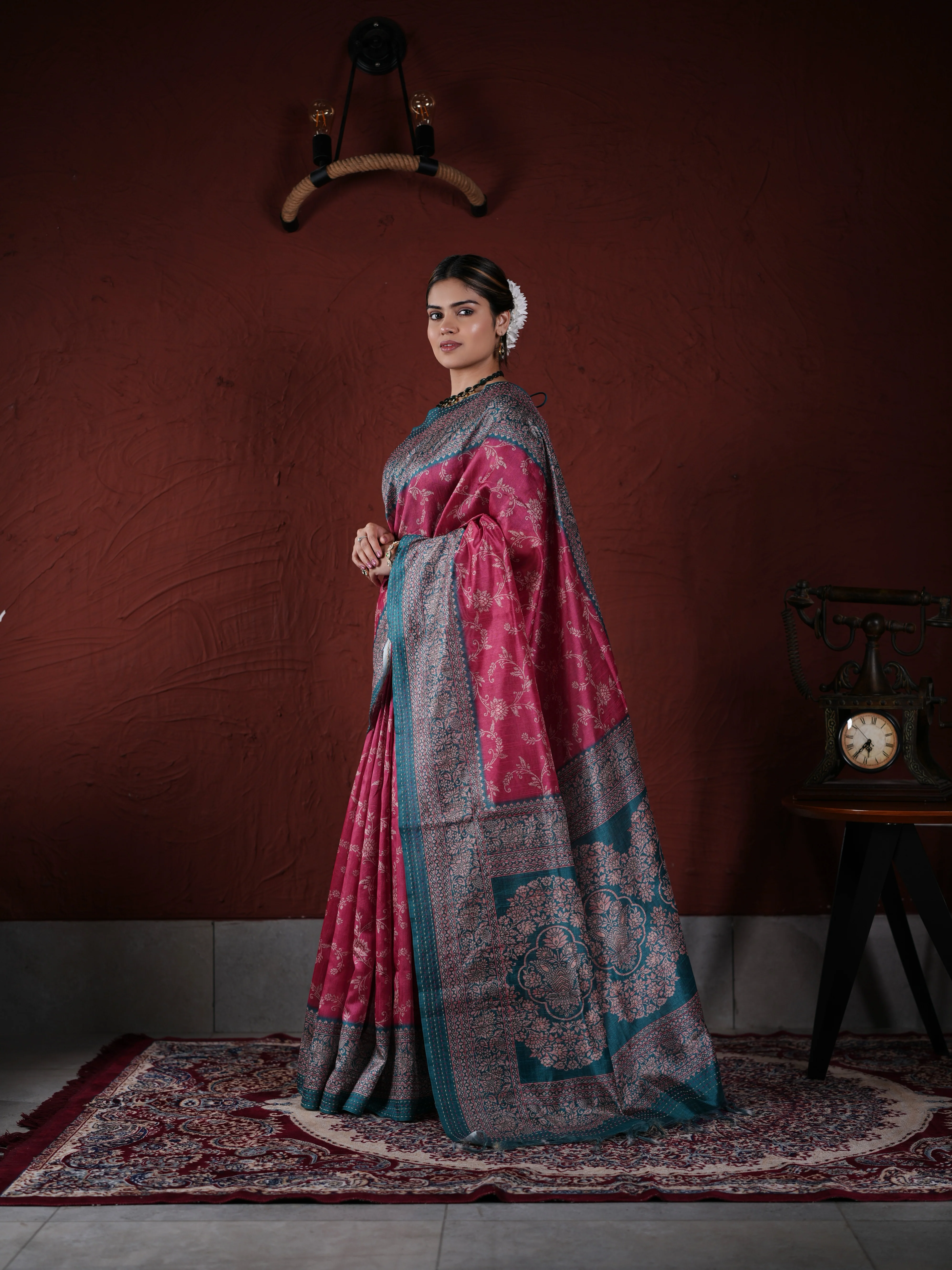 Pink and Teal Khadi and PV Cotton Saree with Traditional Woven Design and Unstitched Blouse - Image 4