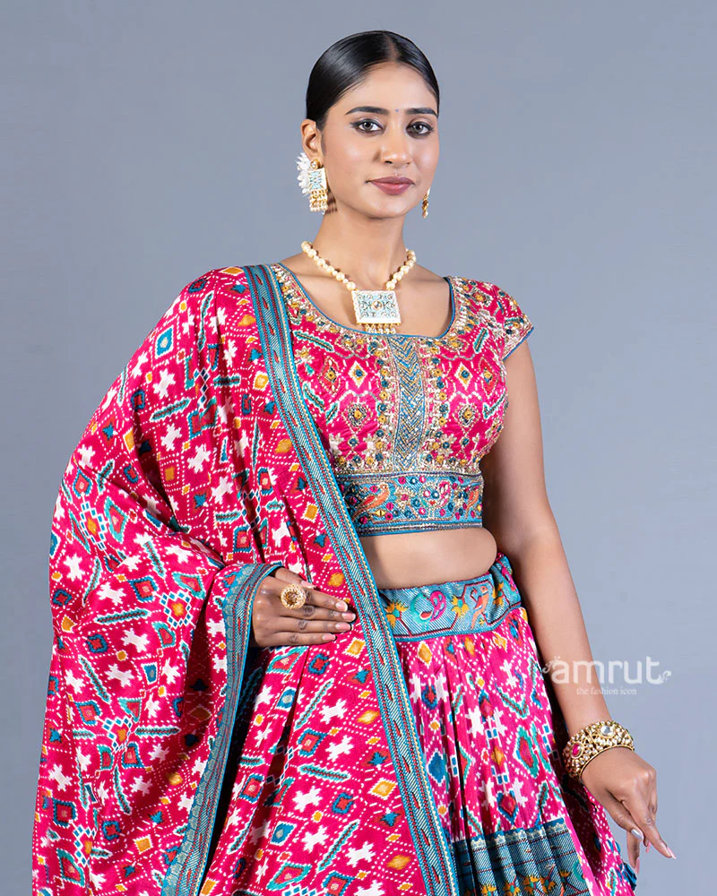 Pink and Teal Lehenga Choli with Embellished Dupatta - Image 2