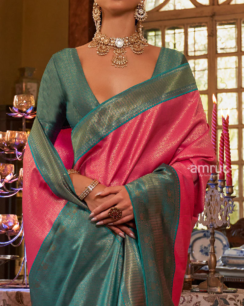 Pink and Teal Paisley Woven Border Kanjeevaram Silk Saree with Unstitched Blouse - Image 3