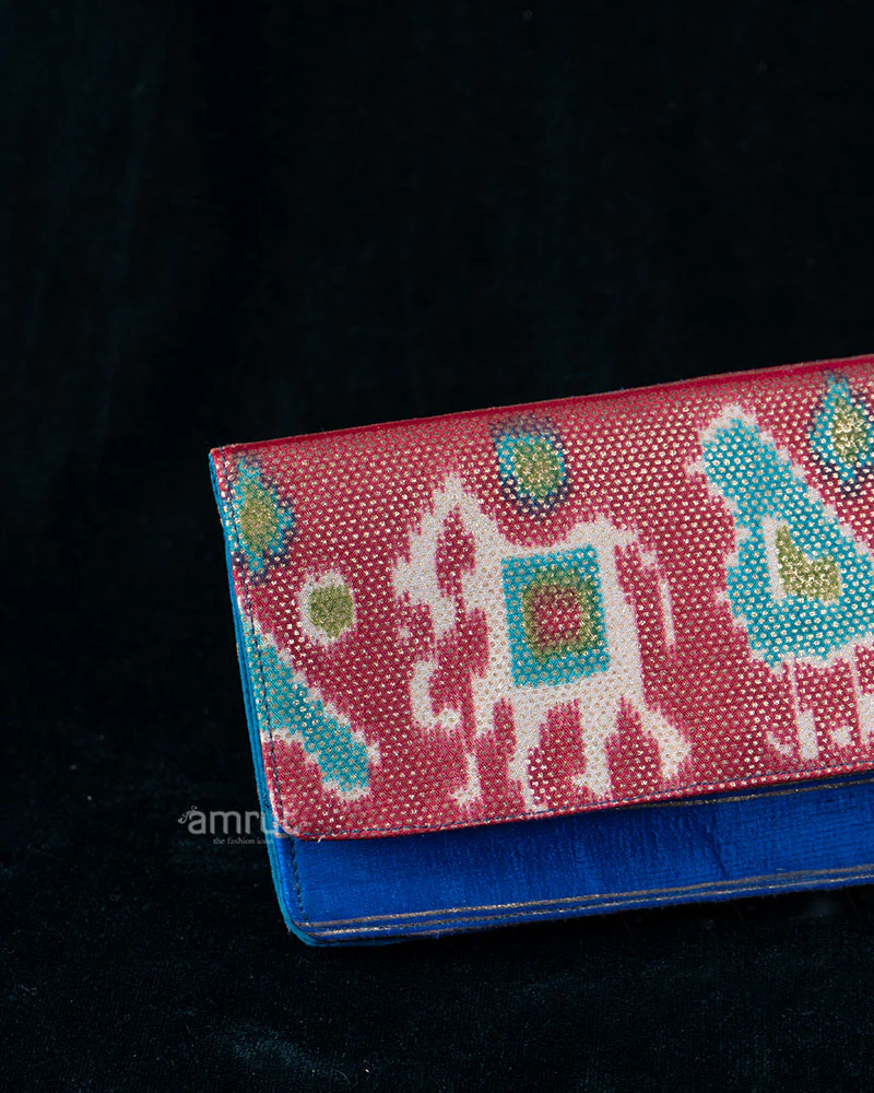 Pink Animal Motif Printed Clutch with Deep Blue Contrast Base - Image 2