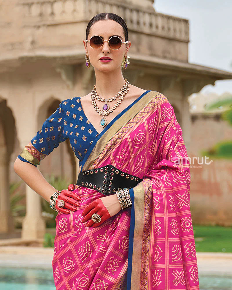 Pink Bandhani Printed Silk Saree with Unstitched Blouse - Image 2