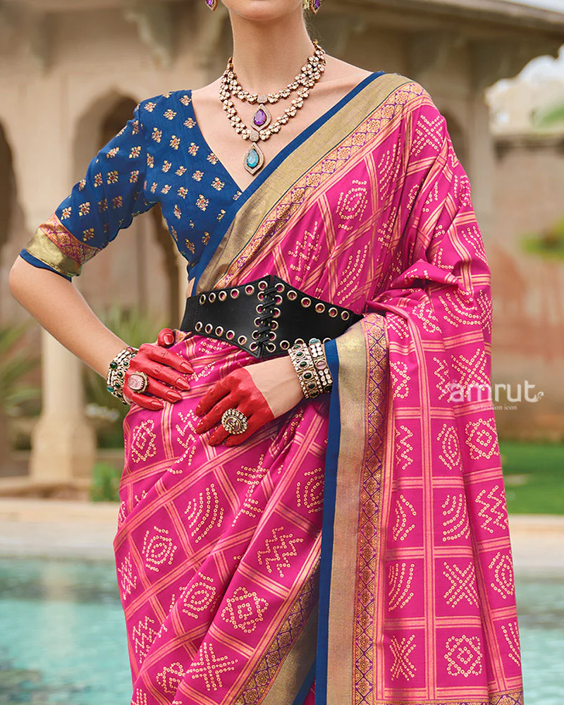 Pink Bandhani Printed Silk Saree with Unstitched Blouse - Image 3