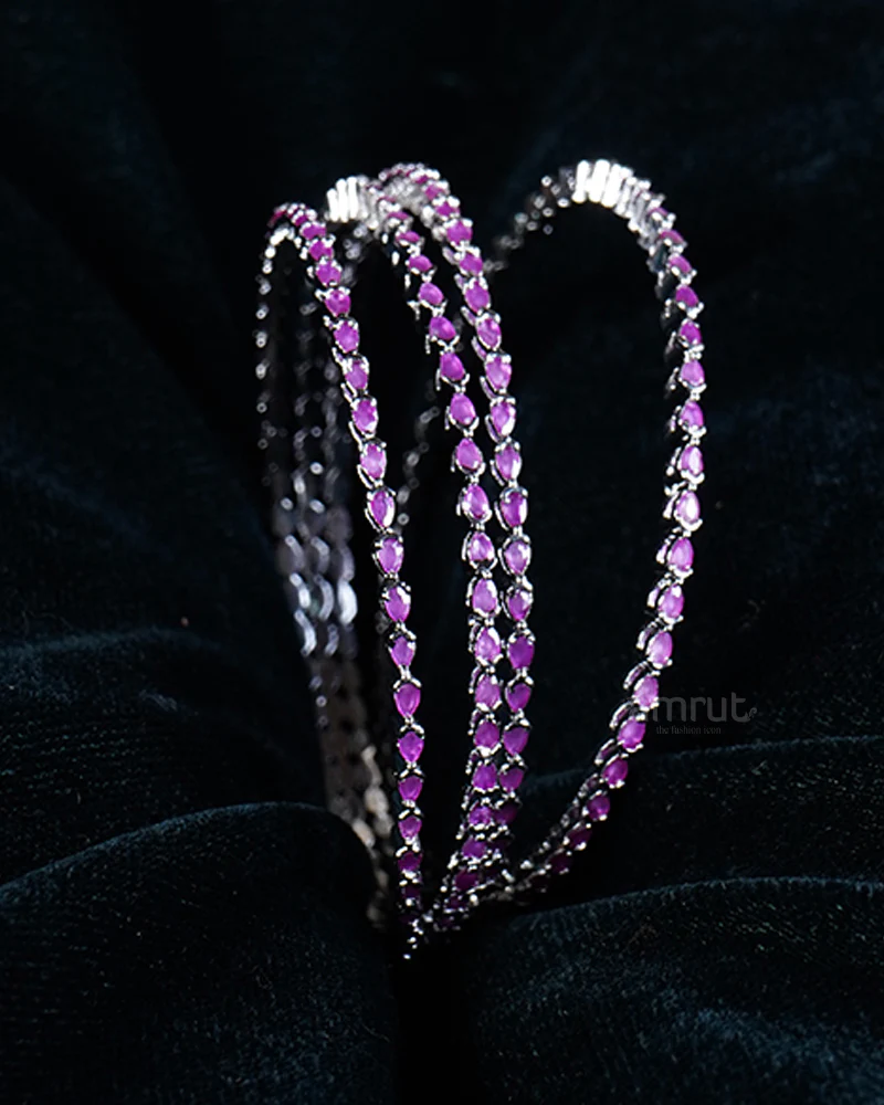 Pink Diamond Gemstone Silver-Toned Four Bangle Set - Image 2