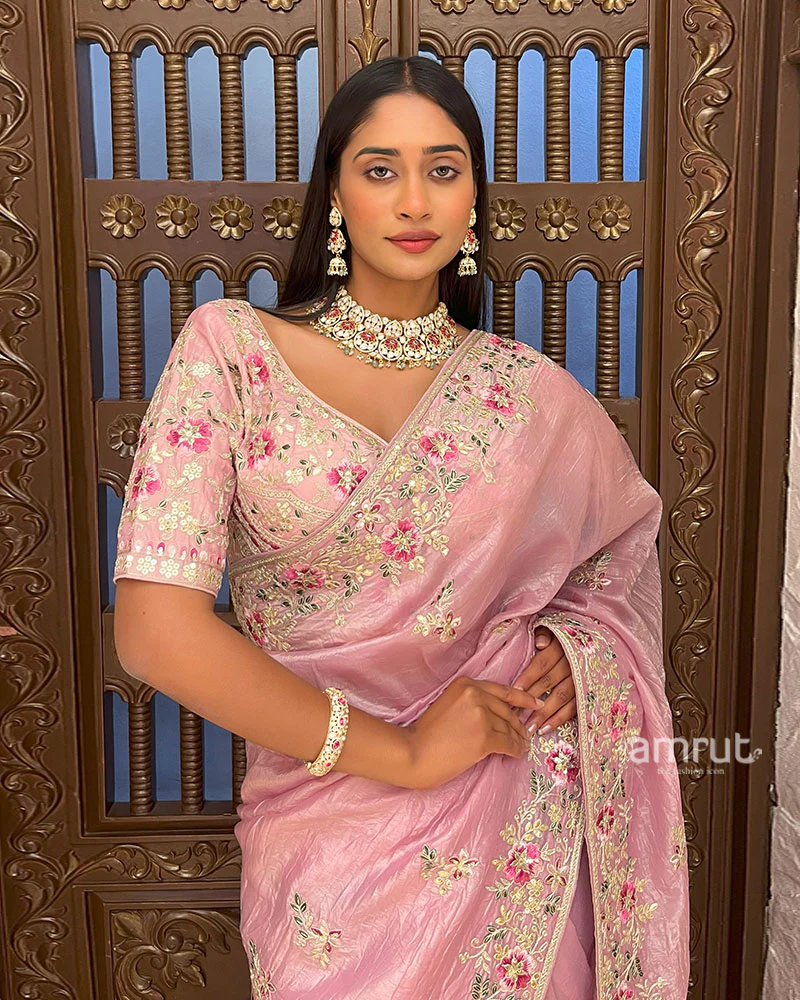 Pink Embroidered Organza Saree with Stitched Blouse - Image 3