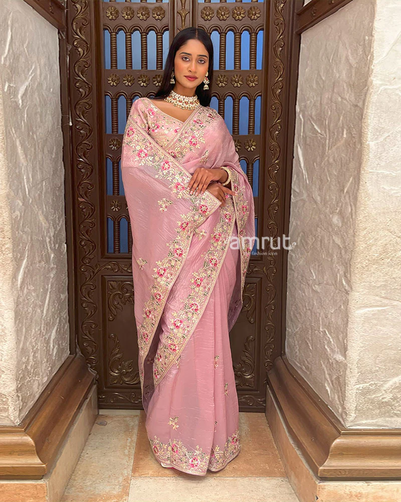 Pink Embroidered Organza Saree with Stitched Blouse - Image 5