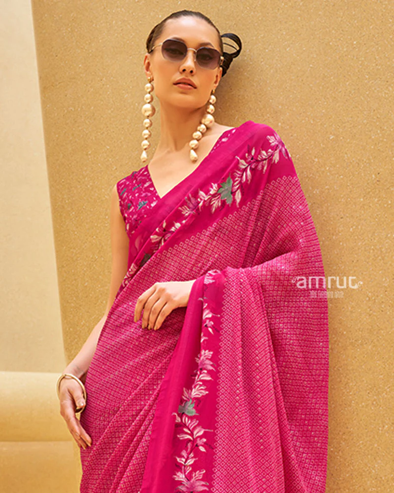 Pink Floral Print Saree with Intricate Weaving and Unstitched Blouse - Image 2