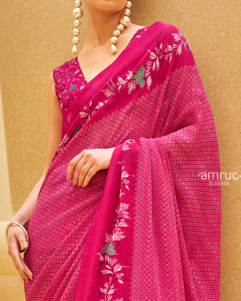 Pink Floral Print Saree with Intricate Weaving and Unstitched Blouse - Image 3