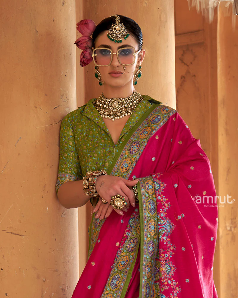 Pink Floral Printed Olive green Border Saree with Unstitched Blouse - Image 2