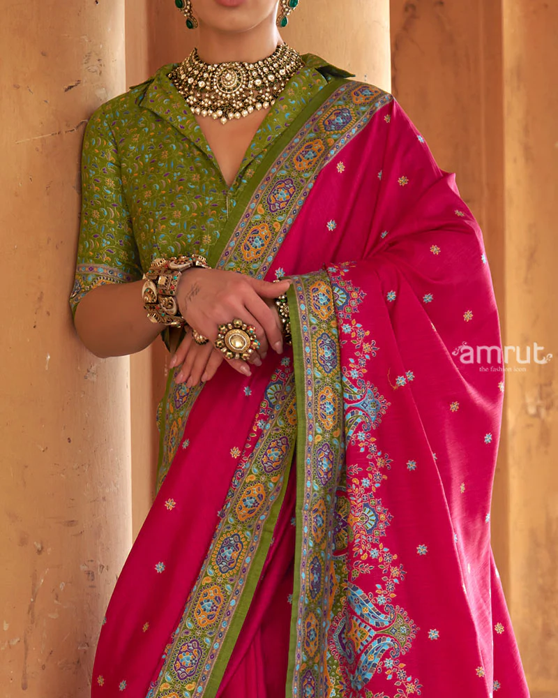 Pink Floral Printed Olive green Border Saree with Unstitched Blouse - Image 3