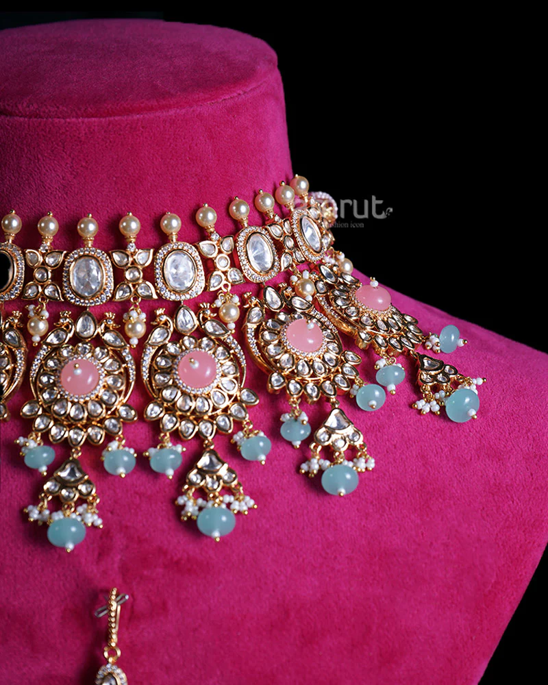 Gold Toned Light Pink Stones and Light Blue Beads Emerald Bridal Jewelry Set - Image 2