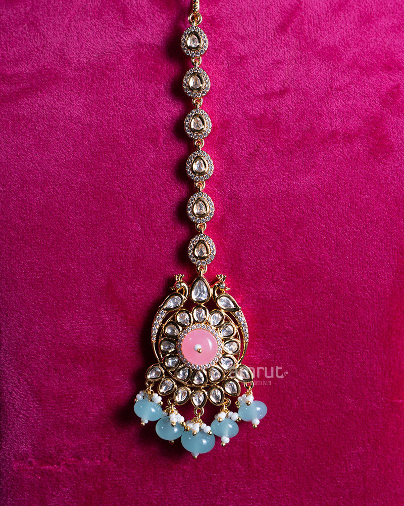 Gold Toned Light Pink Stones and Light Blue Beads Emerald Bridal Jewelry Set - Image 3