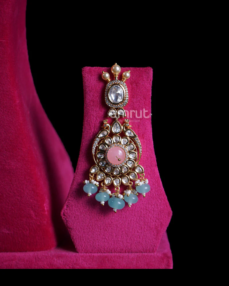 Gold Toned Light Pink Stones and Light Blue Beads Emerald Bridal Jewelry Set - Image 4