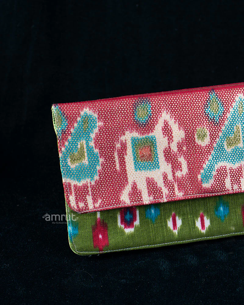 Pink Ikat Animal Motif Wallet with Olive Green Contrast - Image 2