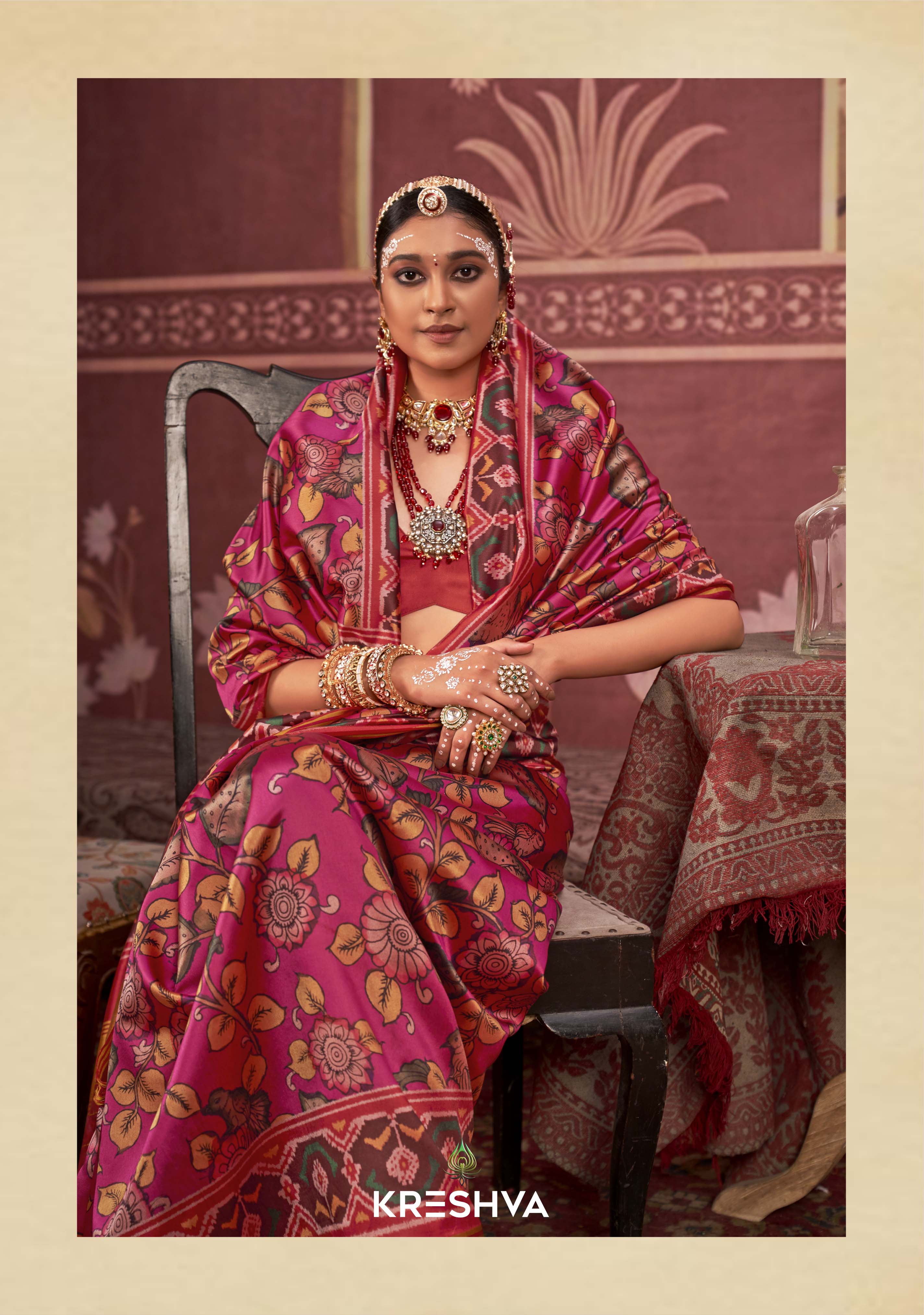 Pink & Maroon Patan Patola Silk Saree with Multicolour Ikat Weaving P75 - Image 2