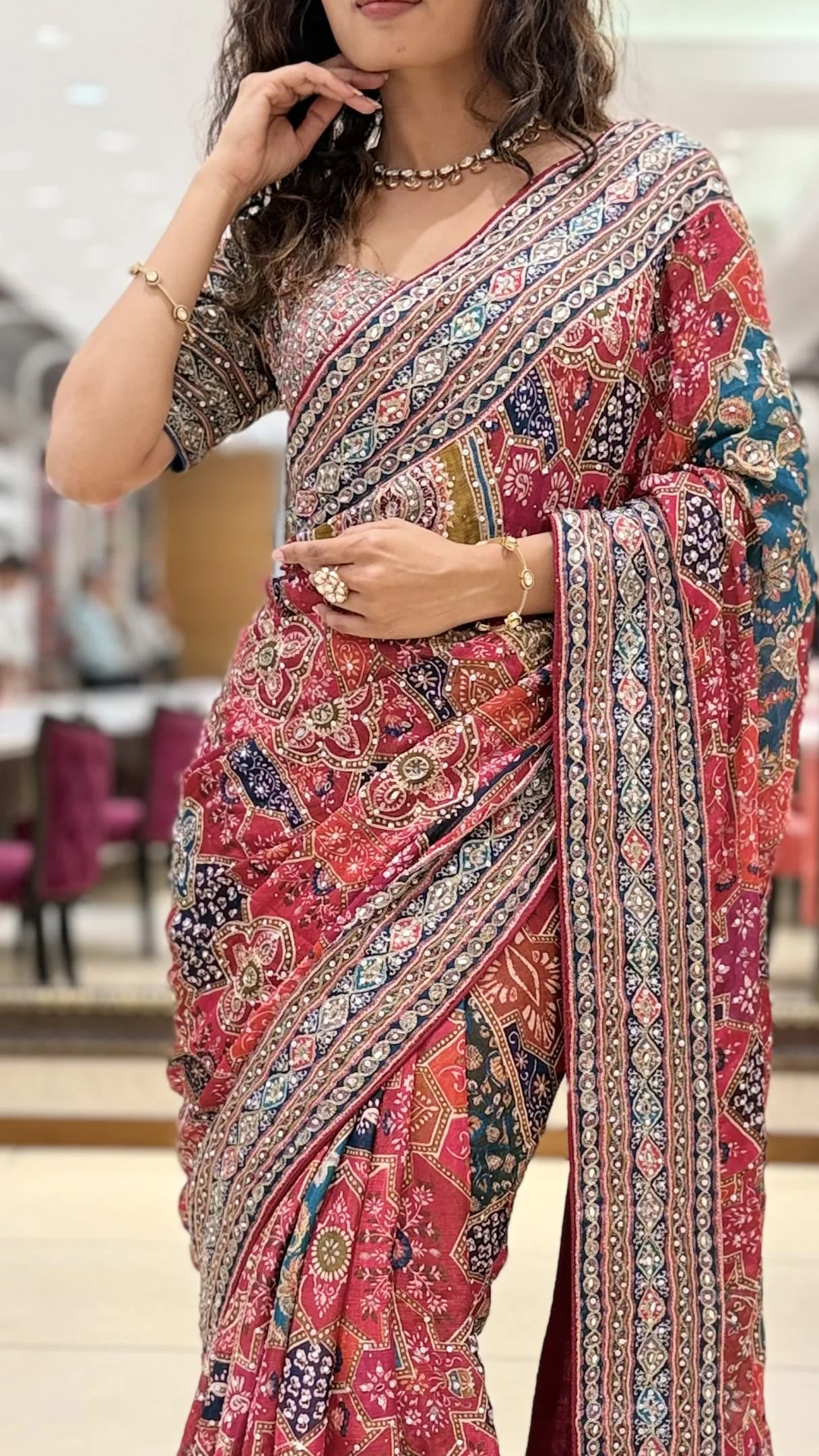 Pink Multicolor Printed Designer Saree with Matching Blouse - Image 2