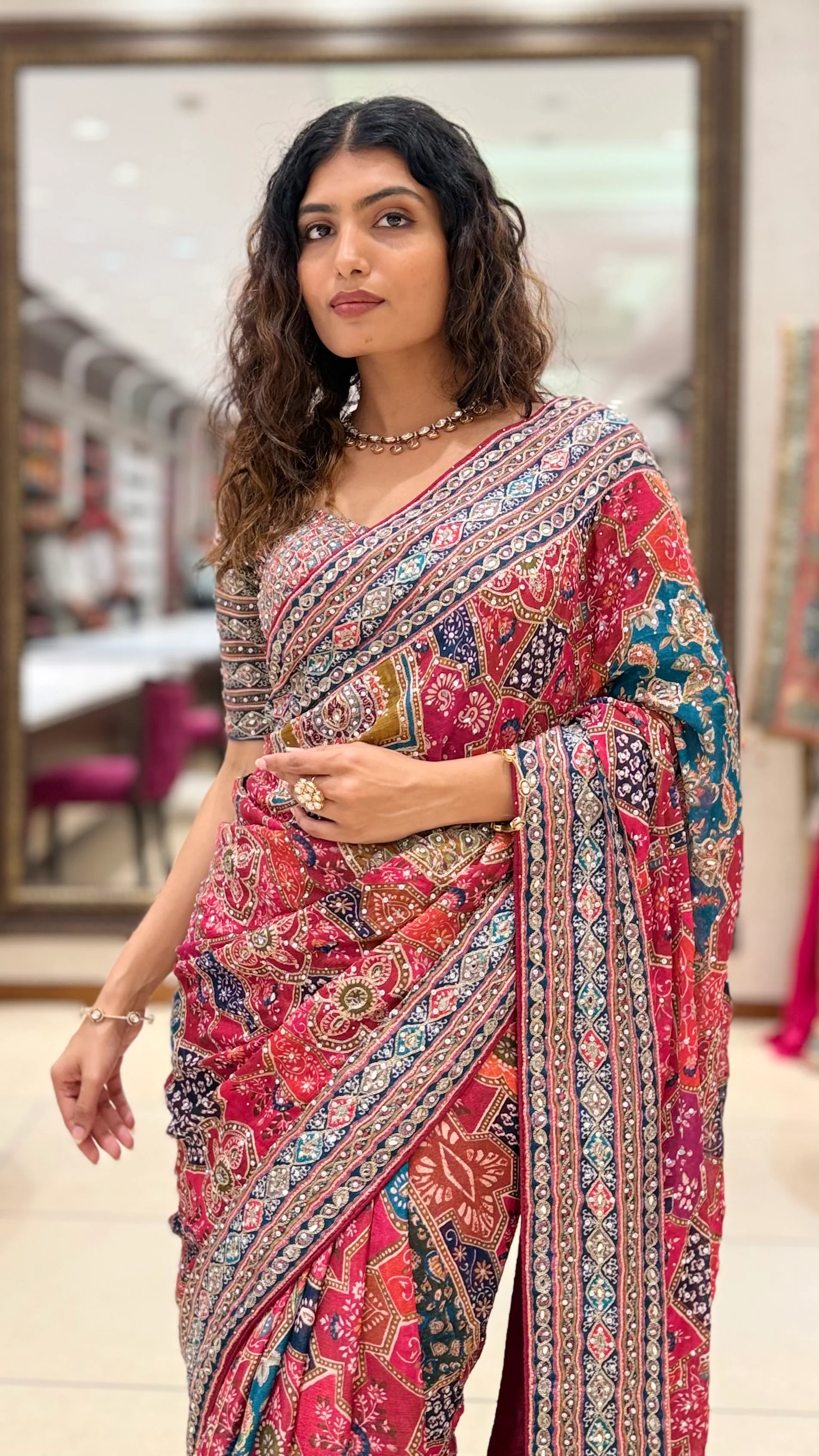 Pink Multicolor Printed Designer Saree with Matching Blouse - Image 3