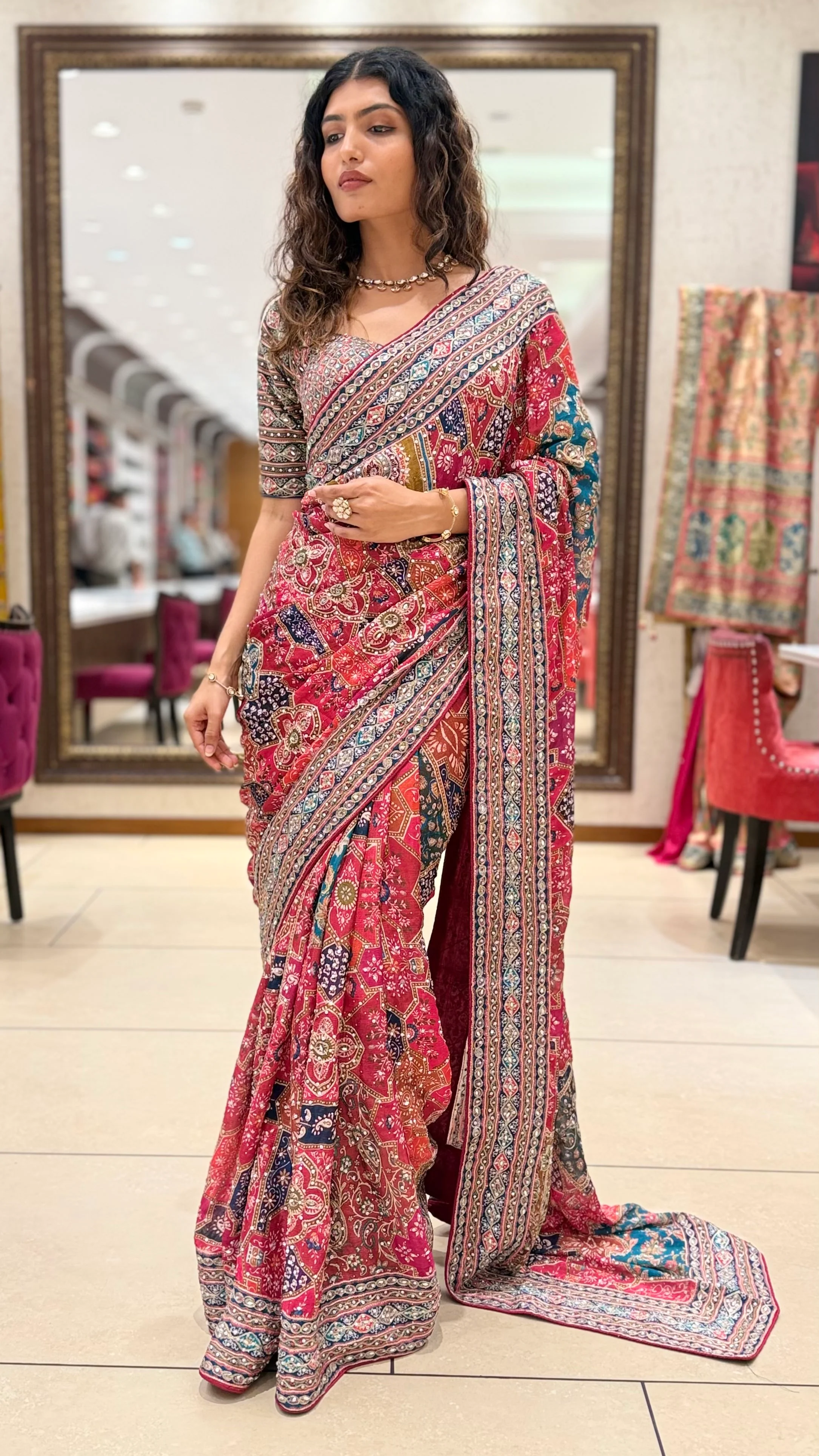 Pink Multicolor Printed Designer Saree with Matching Blouse - Image 4