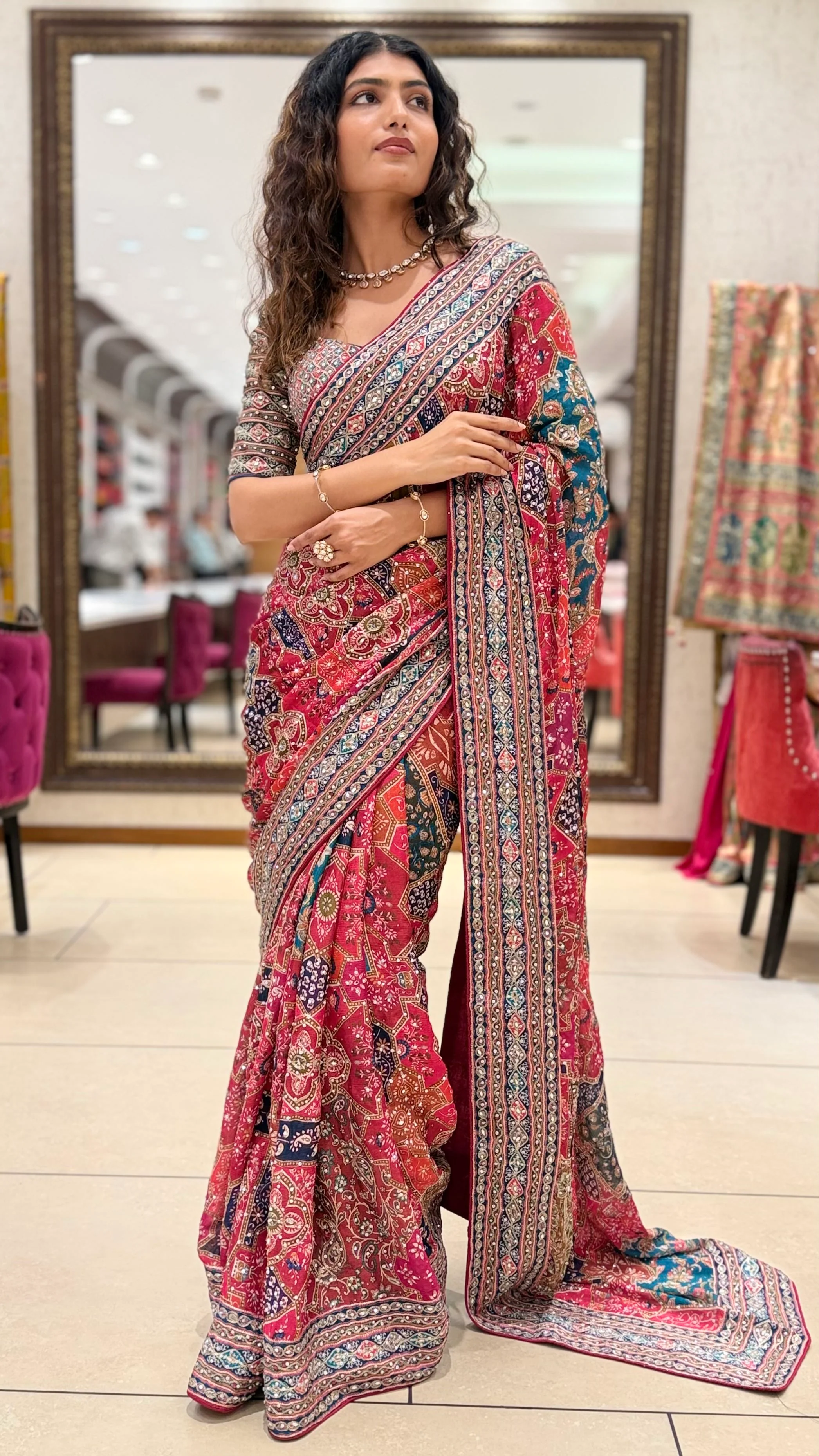 Pink Multicolor Printed Designer Saree with Matching Blouse - Image 5