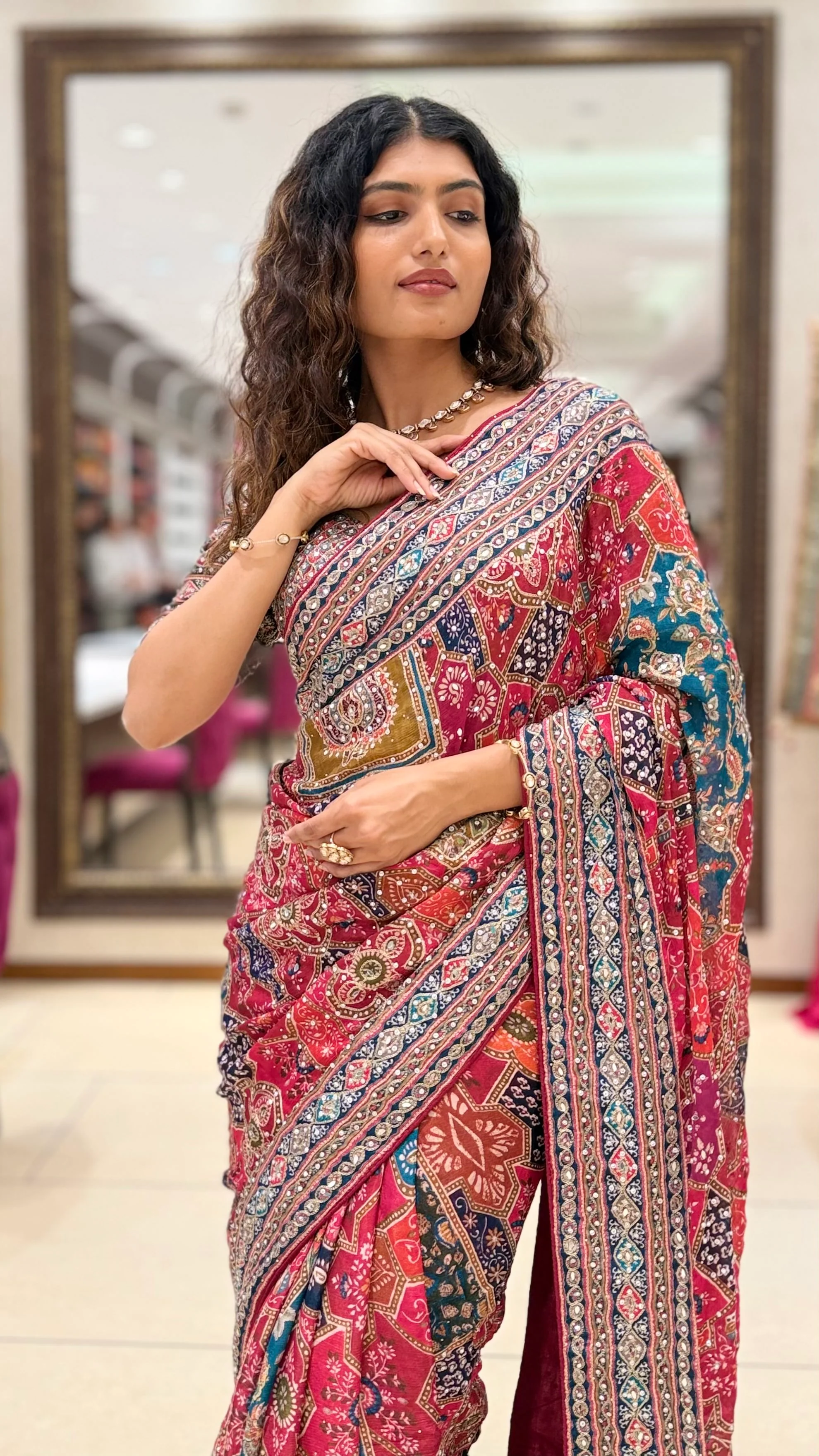 Pink Multicolor Printed Designer Saree with Matching Blouse - Image 6