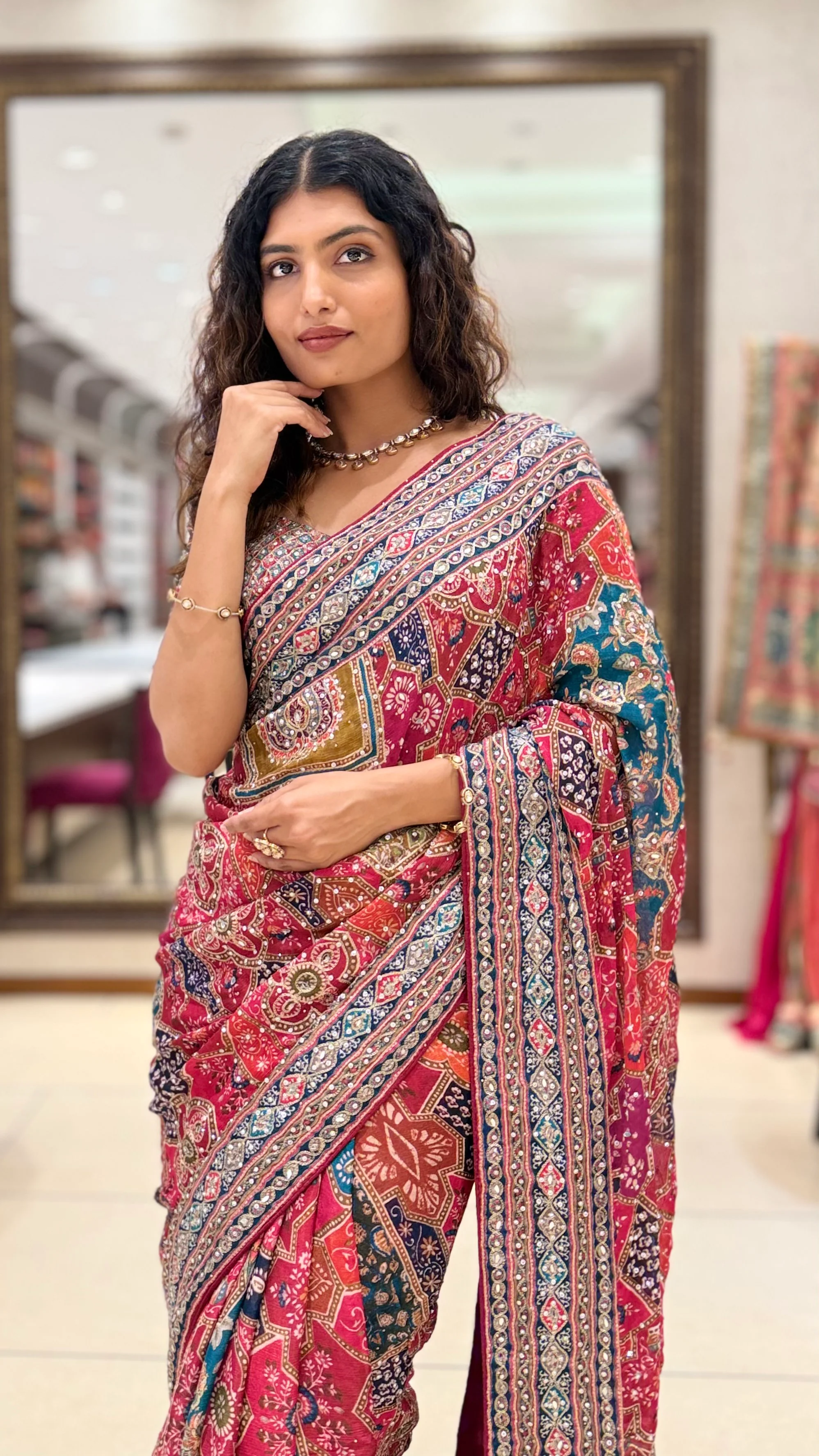 Pink Multicolor Printed Designer Saree with Matching Blouse - Image 7