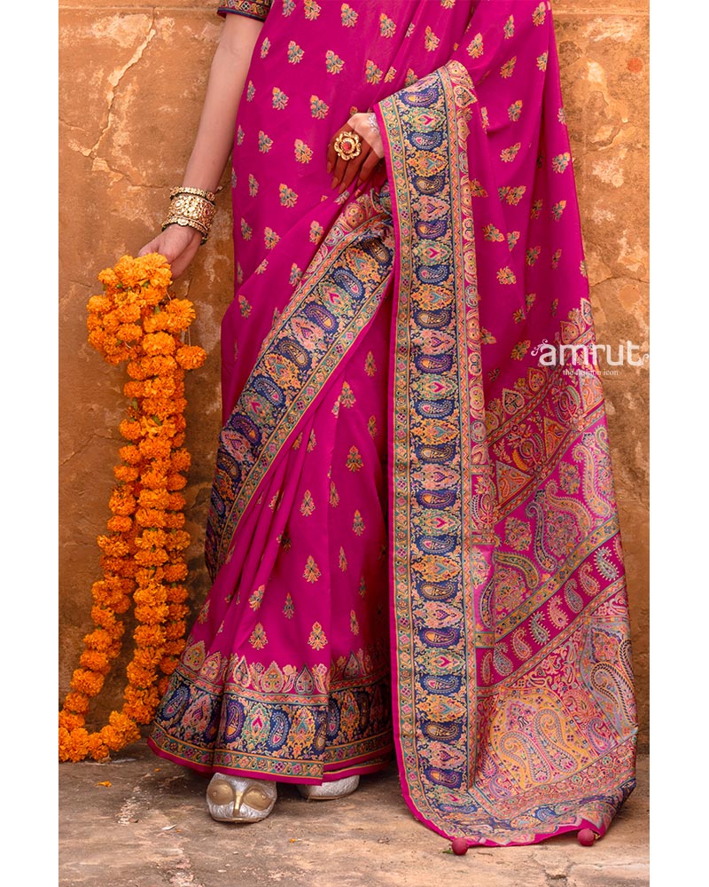 Pink Pashmina Silk Saree Embellished Traditional Buti Design and Border with Unstitched Blouse - Image 3