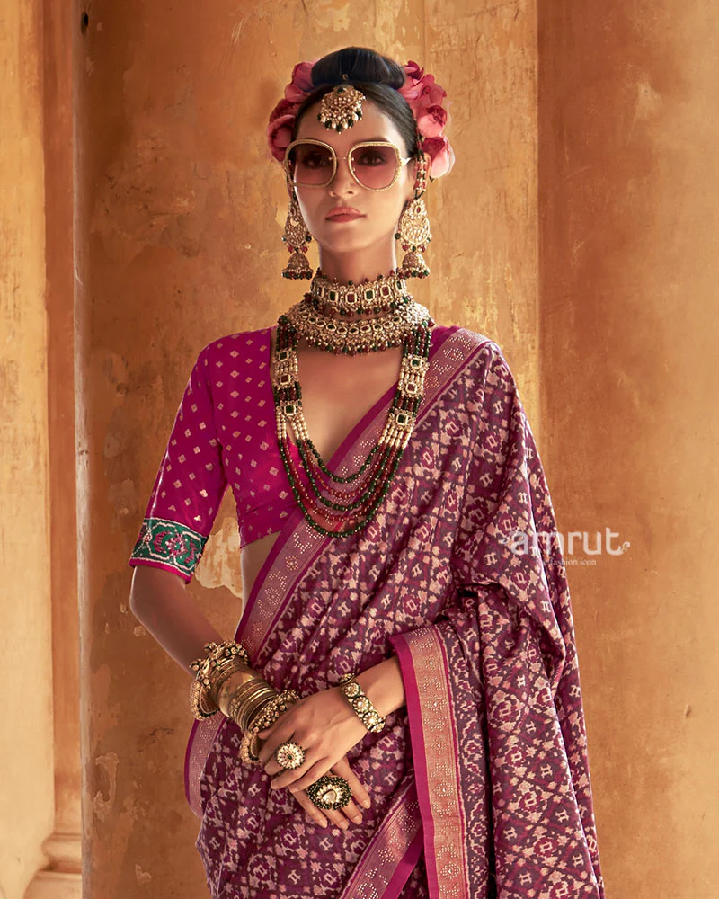 Pink Patola Silk Saree with Golden Embellished Border and Unstitched Blouse - Image 2