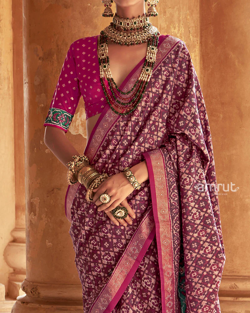 Pink Patola Silk Saree with Golden Embellished Border and Unstitched Blouse - Image 3