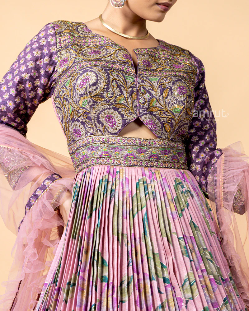 Pink Printed Gown with Floral Print and Net Dupatta - Image 3