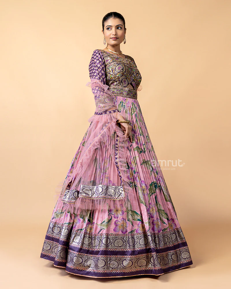 Pink Printed Gown with Floral Print and Net Dupatta - Image 4
