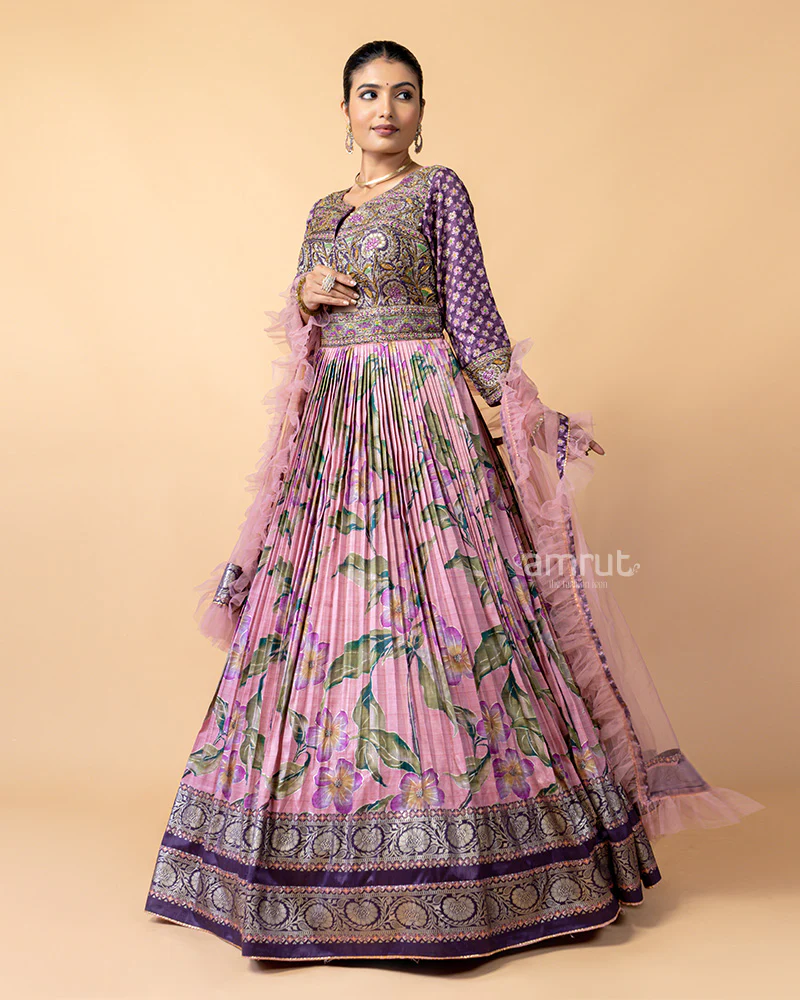 Pink Printed Gown with Floral Print and Net Dupatta - Image 5