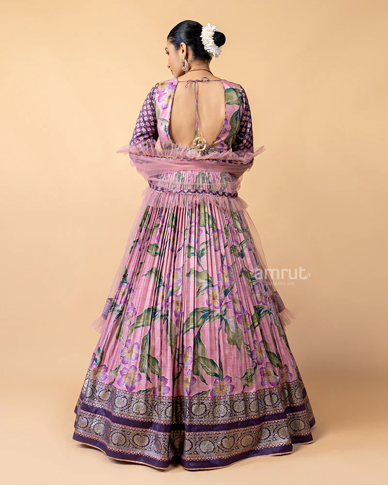 Pink Printed Gown with Floral Print and Net Dupatta - Image 6