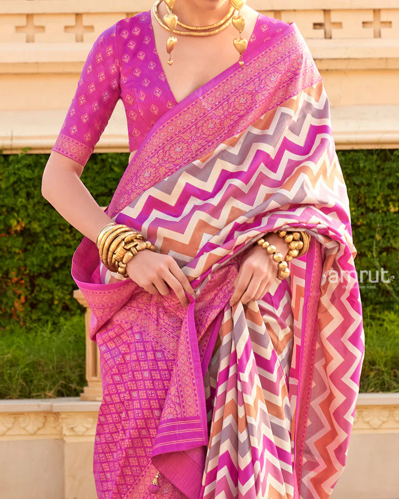 Pink Printed Silk Saree with Unstitched Blouse - Image 3